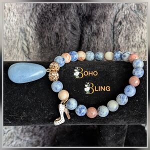 Elegant Beaded Stretch Bracelet with Shoe Charm & Blue Teardrop Accent